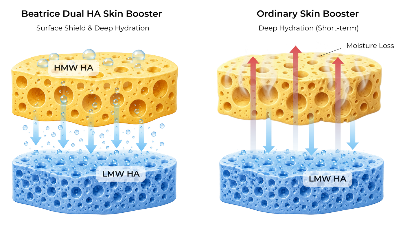Illustration of Beatrice Meso's high-low molecular weight hyaluronic acid blend and its hydration effect