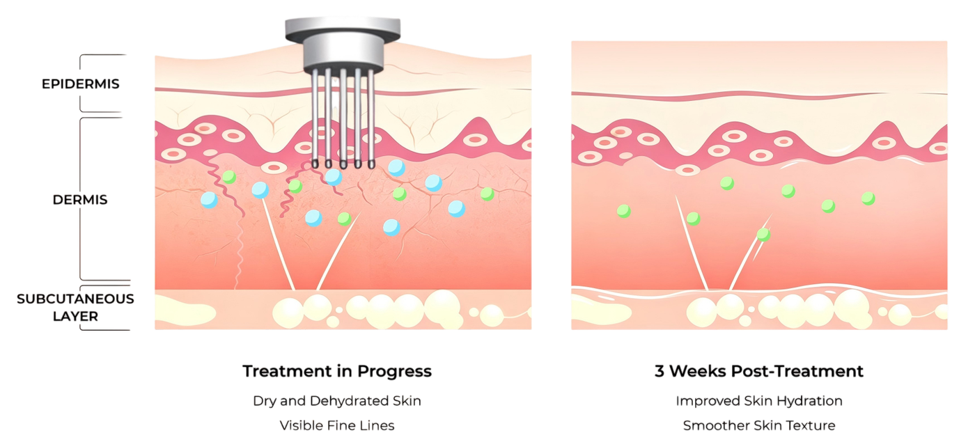 Diagram of Beatrice Meso's dual molecular-weight hyaluronic acid hydration system at the skin surface and deep dermis